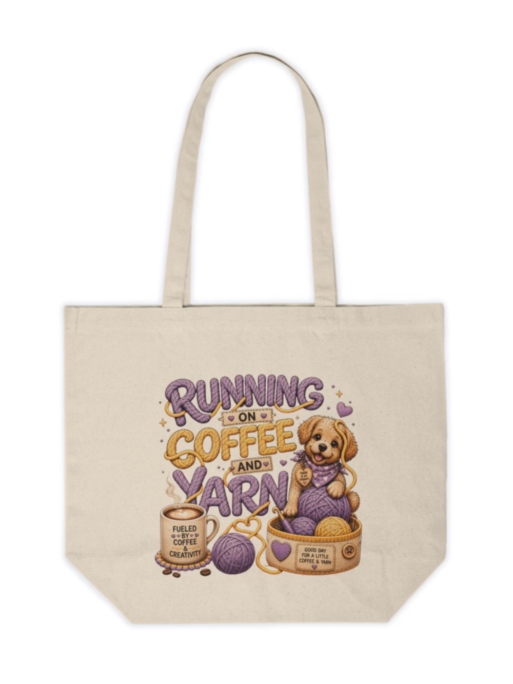 Handmade “Running on Coffee & Yarn” Canvas Tote Bag | Dog Lover Crochet Gift